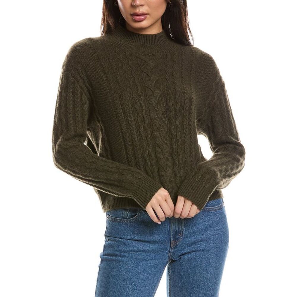 The Cashmere Project Womens  Cropped Mixed Cable Mock Neck Sweater, Green
